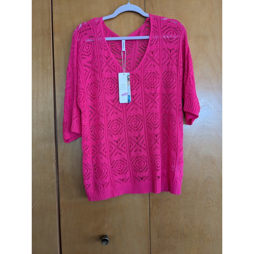 Dokotoo Womens Hot Pink Crochet Knit V-Neck Sweater Top Size L New